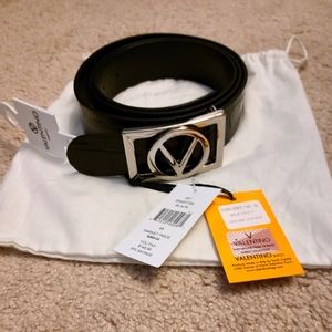 Valentino by Mario Valentino Black Leather Belt with Silver Monogram Buckle